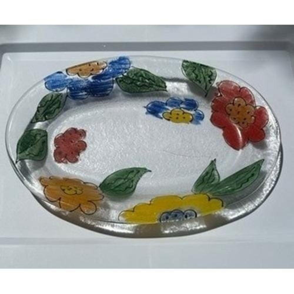 Retired Crate & Barrel Painted Floral Glass Platter Oval Serving Clear Glass 15"